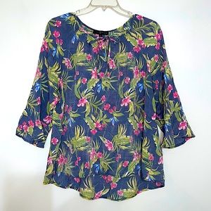 Fred David Womens Plus Sz Top 1X Tropical Floral Ruffle Cuffs Hi Lo Blouse 3/4